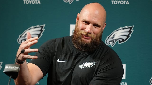 Jun 10, 2025; Philadelphia, PA, USA; Philadelphia Eagles offensive lineman Lane Johnson (65) addresses media during a press conference at NovaCare Complex. Mandatory Credit: Kyle Ross-Imagn Images