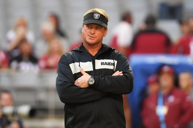 Jon Gruden, head coach of the Oakland Raiders looks on prior to the NFL game against the Arizona Cardinals at State Farm Stadium on November 18, 2018 in Glendale, Arizona.