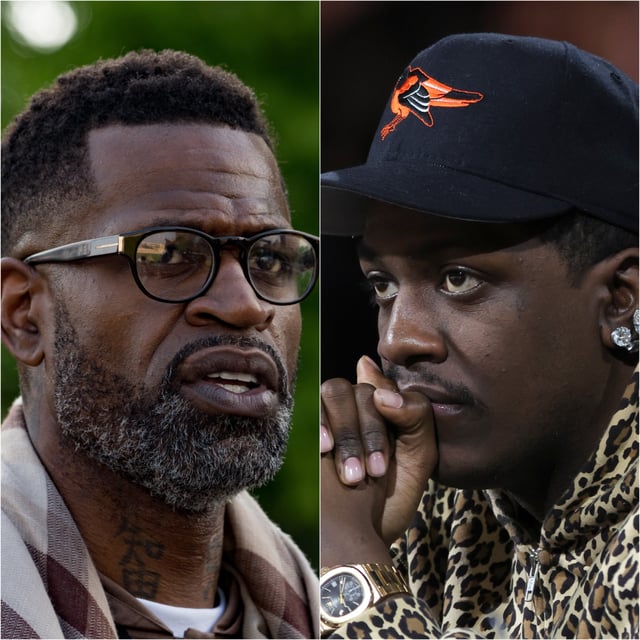 NBA alum Stephen Jackson, close friend to George Floyd, speaks to those gathered to march and memorialize the life of Floyd on May 25, 2021 in Atlanta. / Rapper Lil Yachty at a semifinal game of the Emirates NBA Cup at T-Mobile Arena on Dec. 14, 2024 in Las Vegas.