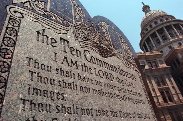 The Ten Commandments are displayed behind the north side of the Texas Capitol in Austin. A Texas law scheduled to take effect Sept. 1 would require all state public schools to display the Ten Commandments. 