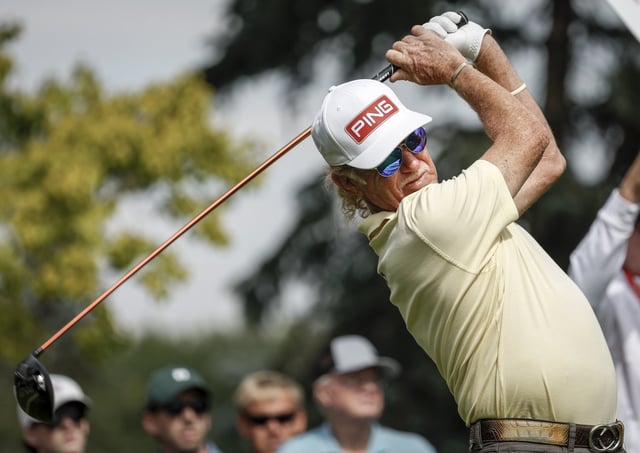Spain's Miguel Angel Jimenez hits a tee shot on the eighth hole during the PGA Tour Champions golf event in Calgary, Alta., Friday, Aug. 15, 2025.THE CANADIAN PRESS/Jeff McIntosh