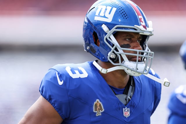 Russell Wilson #3 of the New York Giants looks on prior to an NFL Preseason 2025 game between New York Giants and Buffalo Bills at Highmark Stadium on August 09, 2025 in Orchard Park, New York.