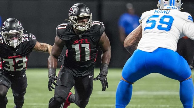 Aug 8, 2025; Atlanta, Georgia, USA; Atlanta Falcons linebacker Jalon Walker (11) in action against the Detroit Lions during the first quarter at Mercedes-Benz Stadium. Mandatory Credit: Dale Zanine-Imagn Images
