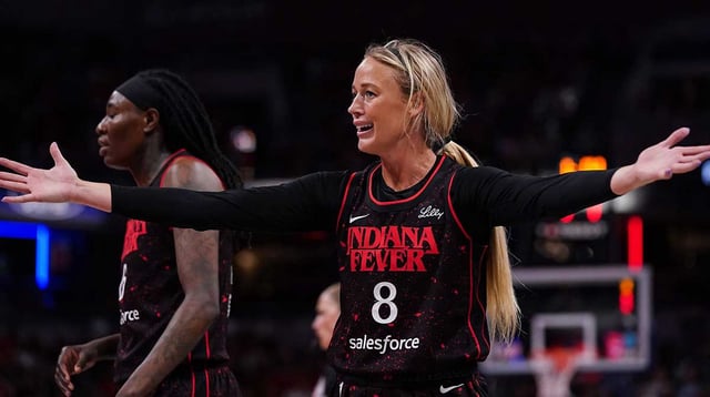 Indiana Fever guard Sophie Cunningham (8) reacts to a call from the referee on Tuesday, Aug. 12, 2025, during the game at Gainbridge Fieldhouse in Indianapolis. The Dallas Wings defeated the Indiana Fever, 81-80. Grace Hollars/IndyStar / USA TODAY NETWORK via Imagn Images