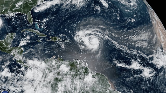 A satellite image of Hurricane Erin on Friday, Aug. 15, 2025.