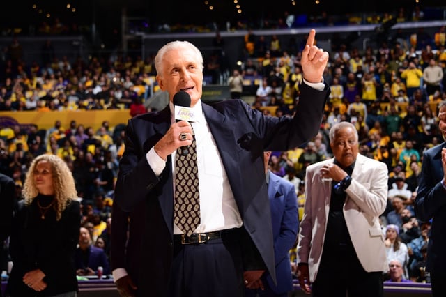 LOS ANGELES, CA – JANUARY 13: Pat Riley looks on during Michael Cooper’s jersey retirement during the game between the San Antonio Spurs and the Los Angeles Lakers on January 13, 2025 at Crypto.Com Arena in Los Angeles, California. NOTE TO USER: User expressly acknowledges and agrees that, by downloading and/or using this Photograph, user is consenting to the terms and conditions of the Getty Images License Agreement. Mandatory Copyright Notice: Copyright 2025 NBAE (Photo by Adam Pantozzi/NBAE via Getty Images)