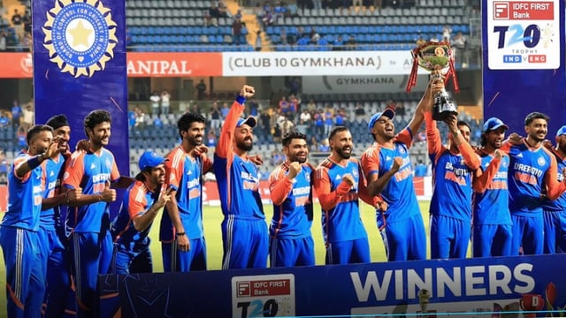 Team India players celebrating their last T20I series win against England earlier this year