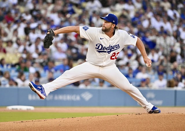 Dodgers starting pitcher Clayton Kershaw throws to the plate during the first inning of their game against the San Diego Padres on Friday night at Dodger Stadium. Kershaw allowed one run on two hits in six innings as the Dodgers won the series opener, 3-2. (Photo by Keith Birmingham, Pasadena Star-News/SCNG)
