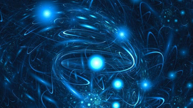 Flying particles with light trails.