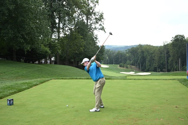 Robert MacIntyre tees off on the 10th hole during the second round of the BMW Championship in Owings Mills, Maryland on Aug. 15, 2025.