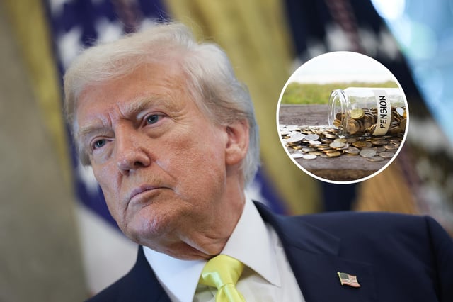 U.S. President Donald Trump listens to questions from reporters in the Oval Office on August 07, 2025 in Washington, DC. Coins in a jar.