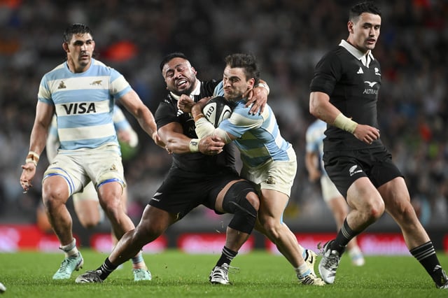 New Zealand’s Asafo Aumua tackles Argentina’s Mateo Carreras during a 2024 Rugby Championship match.