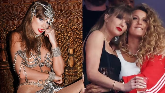 Taylor Swift's new album cover for Life of a Showgirl; Taylor Swift and Blake Lively 