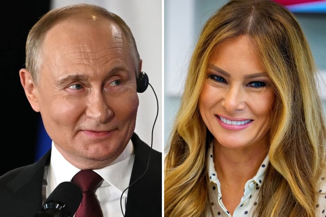 President Vladimir Putin during a joint press conference with US President Donald Trump at Joint Base Elmendorf-Richardson in Anchorage, Alaska, on August 15, 2025 (left) and First Lady Melania Trump with children at Children&#39;s National Hospital during a visit on July 3, 2025 in Washington, DC (right).