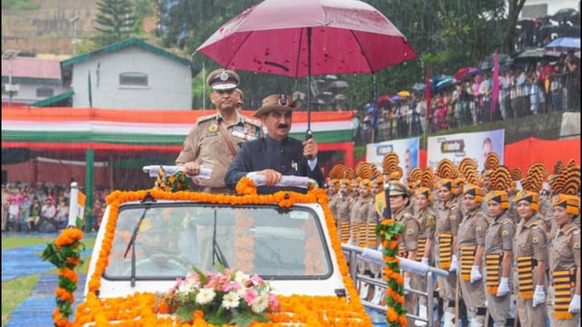 Chief minister Sukhvinder Singh Sukhu during the Independence-Day celebrations at Sarkaghat in Mandi district on Friday. (ANI Photo)