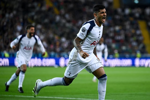 Cristian Romero of Tottenham celebrates his goal during the UEFA Super Cup 2025 match between Paris Saint-Germain and Tottenham Hotspur at Friuli Stadium on August 13, 2025 in Udine, Italy.