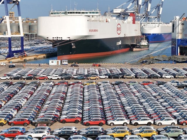  The file photo taken on Jan. 10, 2024, shows electric cars for export waiting to be loaded on the BYD Explorer NO.1, a domestically manufactured vessel intended to export Chinese automobiles, at Yantai port, in eastern China’s Shandong province.