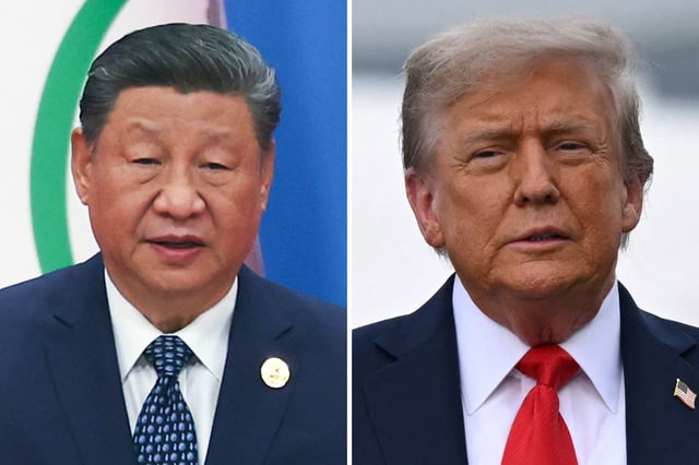 Chinese President Xi Jinping speaks at the opening ceremony of the China-CELAC Forum ministerial meeting at The Great Hall of People on May 13, 2025 in Beijing, China (left) and President Donald Trump at Joint Base Elmendorf-Richardson in Anchorage, Alaska, on August 15, 2025 (right).