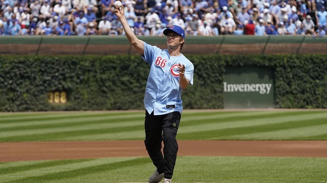 Aug 15, 2025; Chicago, Illinois, USA; Star Wars actor Hayden Christensen throws out a ceremonial first pitch before the game between the Chicago Cubs and the Pittsburgh Pirates at Wrigley Field. Mandatory Credit: David Banks-Imagn Images