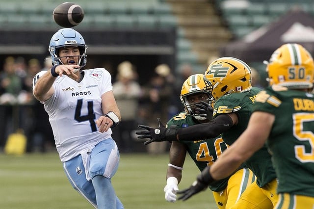  Toronto Argonauts’ quarterback Nick Arbuckle (4) makes a pass under pressure during CFL action against the Edmonton Elks at Commonwealth Stadium, in Edmonton Friday Aug. 15, 2025.
