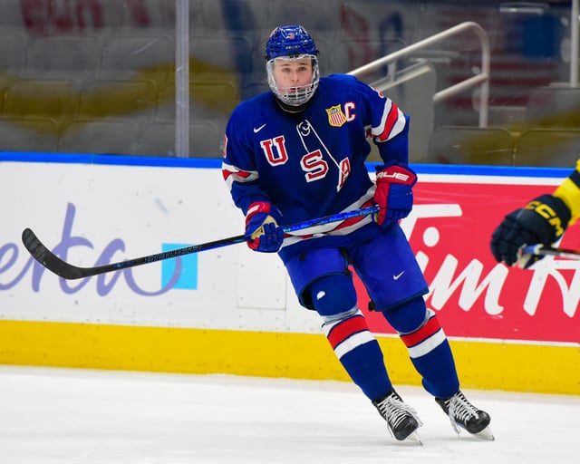 Blake Fiddler #3 of Team USA in action against Team Sweden during the Bronze Medal Game of the 2024 Hlinka Gretzky Cup at Rogers Place on August 10, 2024, in Edmonton, Alberta, Canada.