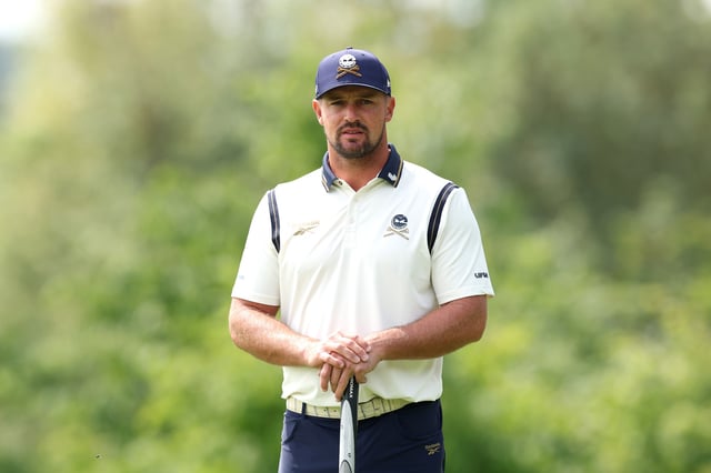 UTTOXETER, ENGLAND - JULY 26: Bryson DeChambeau of Crushers GC chats in action on day two of LIV Golf UK by JCB at JCB Golf &amp; Country Club on July 26, 2025 in Uttoxeter, England. (Photo by Jan Kruger/Getty Images)