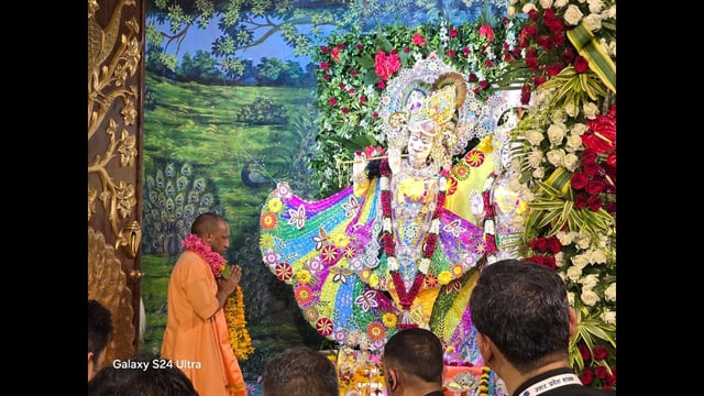 Chief minister Yogi Adityanath in a temple in Mathura on Janmashtami, on Saturday. (HT Photo)