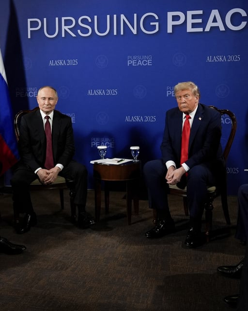 President Donald Trump meets with Russia's President Vladimir Putin Friday, Aug. 15, 2025, at Joint Base Elmendorf-Richardson, Alaska. (AP Photo/Julia Demaree Nikhinson)