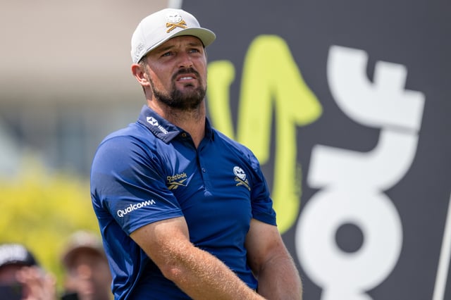 Aug 15, 2025; Indianapolis, IN, United States; Bryson DeChambeau of Crushers GC reacts to his tee shot on the 6th hole during the first round of LIV Golf Indianapolis. Mandatory Credit: Marc Lebryk-Imagn Images/File Photo