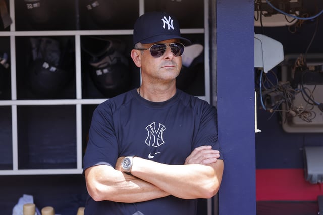 ATLANTA, GEORGIA - JULY 20: Manager Aaron Boone of the New York Yankees looks on prior to the game against the Atlanta Braves at Truist Park on July 20, 2025 in Atlanta, Georgia. (Photo by Todd Kirkland/Getty Images)