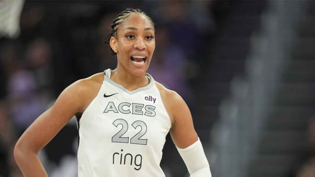 Jun 7, 2025; San Francisco, California, USA; Las Vegas Aces center A&#39;ja Wilson (22) during the second quarter against the Golden State Valkyries at Chase Center. Mandatory Credit: Darren Yamashita-Imagn Images