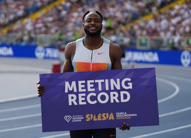 Athletics - Diamond League - Silesia - Silesian Stadium, Chorzow, Poland - August 16, 2025 Jamaica's Kishane Thompson celebrates after setting a new Meeting Record to win the Men's 100m Final REUTERS/Aleksandra Szmigiel