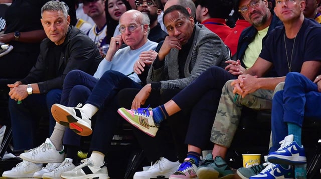 Mar 6, 2025; Los Angeles, California, USA; Comedian Larry David and sports media personality Stephen A. Smith attend the game between the Los Angeles Lakers and New York Knicks during the first half at Crypto.com Arena. Mandatory Credit: Gary A. Vasquez-Imagn Images