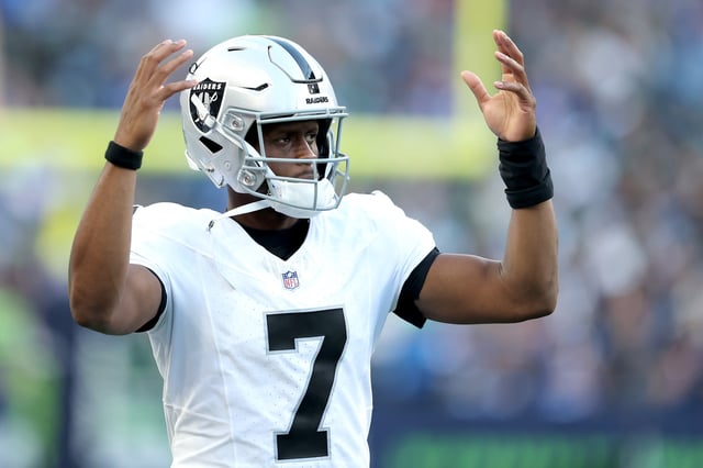 Geno Smith #7 of the Las Vegas Raiders reacts during the NFL Preseason 2025 game between Las Vegas Raiders and Seattle Seahawks at Lumen Field on August 07, 2025 in Seattle, Washington.