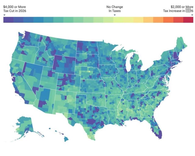 Map produced by the Tax Foundation showing the impact of President Trump&#39;s One Big Beautiful Bill in 2026 on a county-by-county basis. On Friday the White House shared this image in a press release published online.
