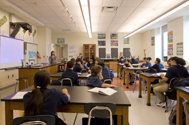 Stock photograph showing an American classroom taken in 2016.