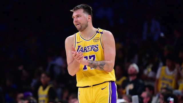 Apr 30, 2025; Los Angeles, California, USA; Los Angeles Lakers guard Luka Doncic (77) reacts during the second half in game five of first round for the 2025 NBA Playoffs at Crypto.com Arena. Mandatory Credit: Gary A. Vasquez-Imagn Images