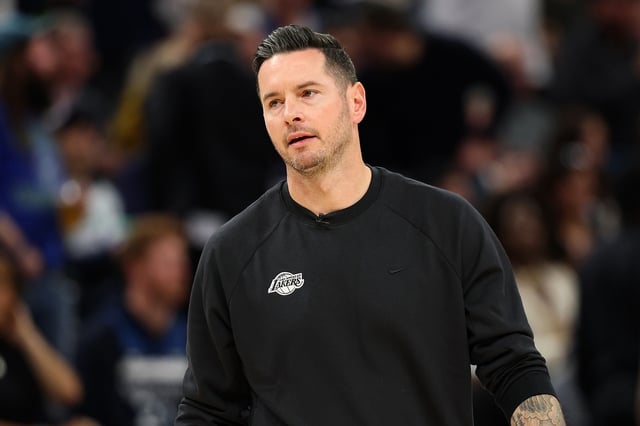 Head coach JJ Redick of the Los Angeles Lakers reacts against the Minnesota Timberwolves in the third quarter of Game Three of the First Round of the 2025 NBA Playoffs at Target Center on April 25, 2025 in Minneapolis, Minnesota.