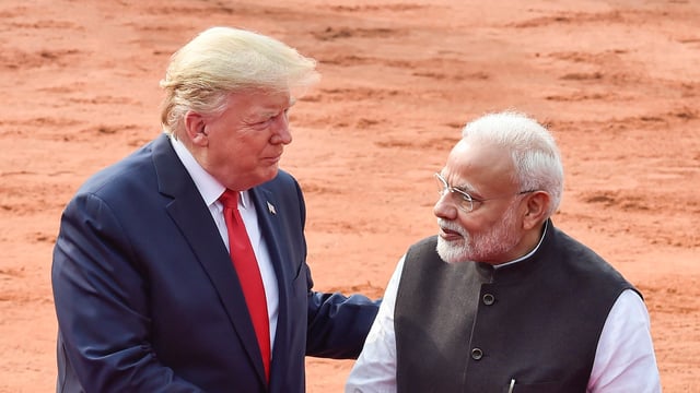 A file photo of US President Donald Trump with Prime Minister Narendra Modi at Rashtrapati Bhavan, in New Delhi.