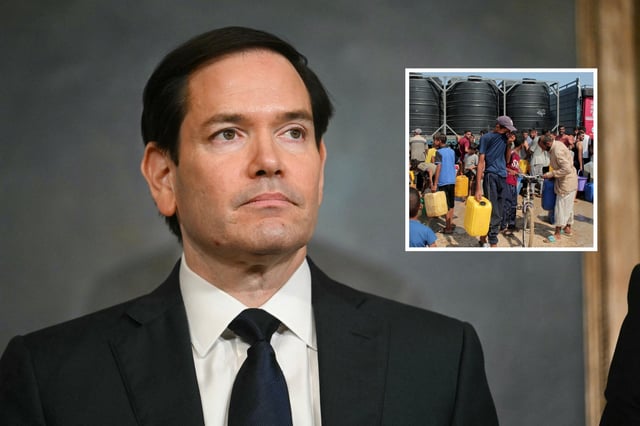 US Secretary of State Marco Rubio looks on as Foreign Minister of Paraguay Ruben Ramirez Lezcano speaks ahead of signing a memorandum of understanding in the Treaty Room of the State Department in Washington, DC, on August 14, 2025. INSET: Displaced Palestinians attempt to fill water containers in the Mawasi area of Khan Yunis, on August 14, 2025, as international organisations have been working to provide people with clean water amid the worsening crisis and the spread of diseases due to poor sanitation in the Gaza Strip.