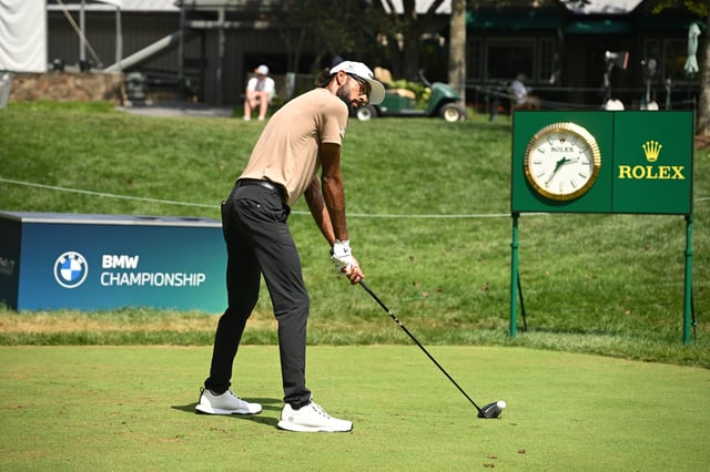 Aug 15, 2025; Owings Mills, Maryland, USA; Akshay Bhatia prepares to tee off on the 10th hole during the second round of the BMW Championship golf tournament. Mandatory Credit: Rafael Suanes-Imagn Images/File photo