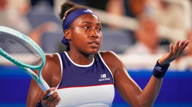 Coco Gauff reacts in the Cincinnati Open quarterfinal match between Coco Gauff and Jasmine Paolini at the Lindner Family Tennis Center in Mason, Ohio, on Friday, Aug. 15, 2025. Paolini won 2-6, 6-4, 6-3.