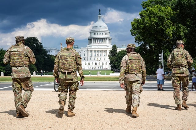 District of Columbia National Guard soldiers patrol on the National Mall, in Washington, D.C., on Aug. 14, 2025.