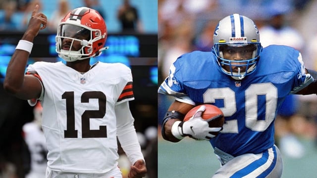 Shedeur Sanders (left) plays for Cleveland Browns while Barry Sanders (right) used to play for Detroit Lions, retiring over 25 years back.