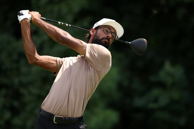 Akshay Bhatia of the United States plays his shot from the eighth tee during the second round of the BMW Championship 2025 at Caves Valley Golf Club on August 15, 2025 in Owings Mills, Maryland.