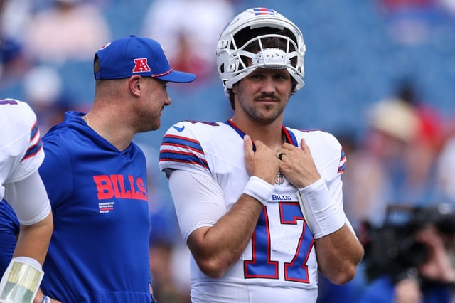 ORCHARD PARK, NEW YORK - AUGUST 09: Offensive Coordinator Joe Brady and Josh Allen #17 of the Buffalo Bills talk prior to an NFL Preseason 2025 game between New York Giants and Buffalo Bills at Highmark Stadium on August 09, 2025 in Orchard Park, New York.