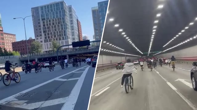 People on bicycles riding through the O’Neill Tunnel, I-93, in Boston after coming off the Zakim Bridge Saturday, Aug. 16, 2025.
