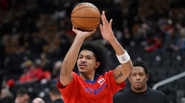 Apr 4, 2025; Toronto, Ontario, CAN; Detroit Pistons forward Ron Harper Jr. (13) shoots the ball during warmups before tip off against the Toronto Raptors at Scotiabank Arena. Mandatory Credit: Dan Hamilton-Imagn Images