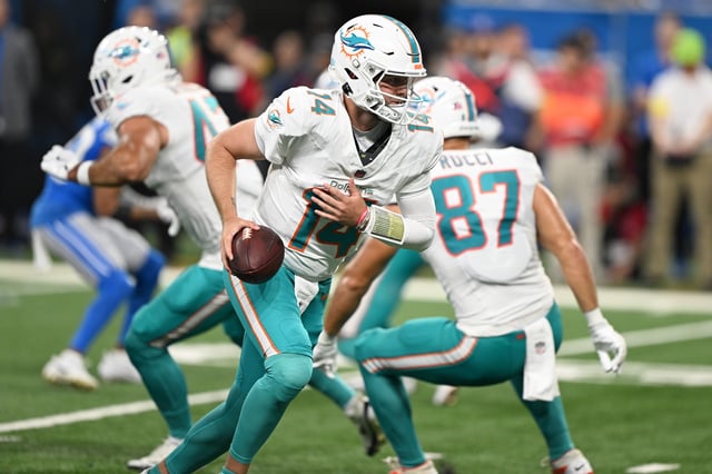 Aug 16, 2025; Detroit, Michigan, USA; Miami Dolphins quarterback Quinn Ewers (14) looks to hand the ball off against the Detroit Lions in the fourth quarter at Ford Field. Mandatory Credit: Lon Horwedel-Imagn Images