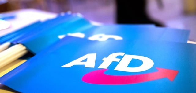 Fähnchen mit dem Logo der AfD liegen auf einem Tisch